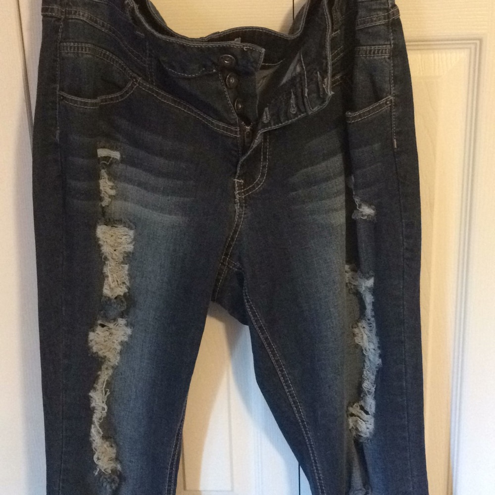 Juniors Dark Blue Denim Distressed Jeans